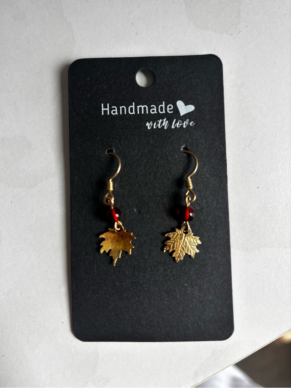 Handmade Gold Maple Leaf Earrings with Red Beads
